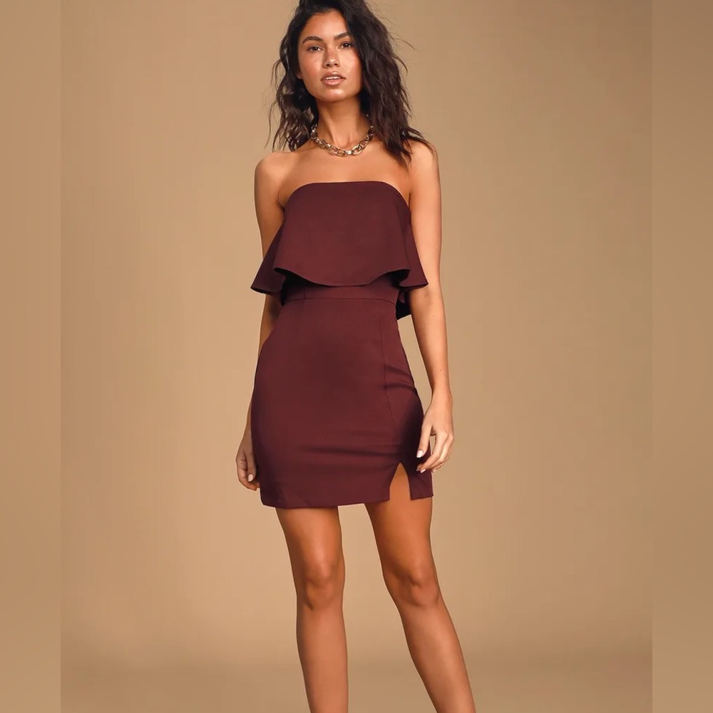 Lulu's Strapless Ruffle Mini Dress in Wine